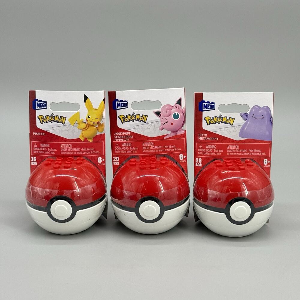 MEGA Construx Pokémon Ditto Jigglypuff & Pikachu Poké Ball Container Lot of 3